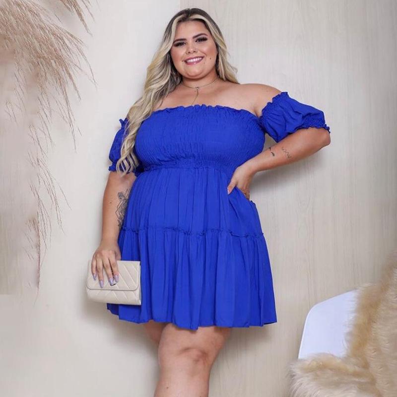 Übergröße Damen schulterfrei gerüscht gerafft Mini-Kleid Kurzarm Stufen A-Linie Lässig Sommerkleid