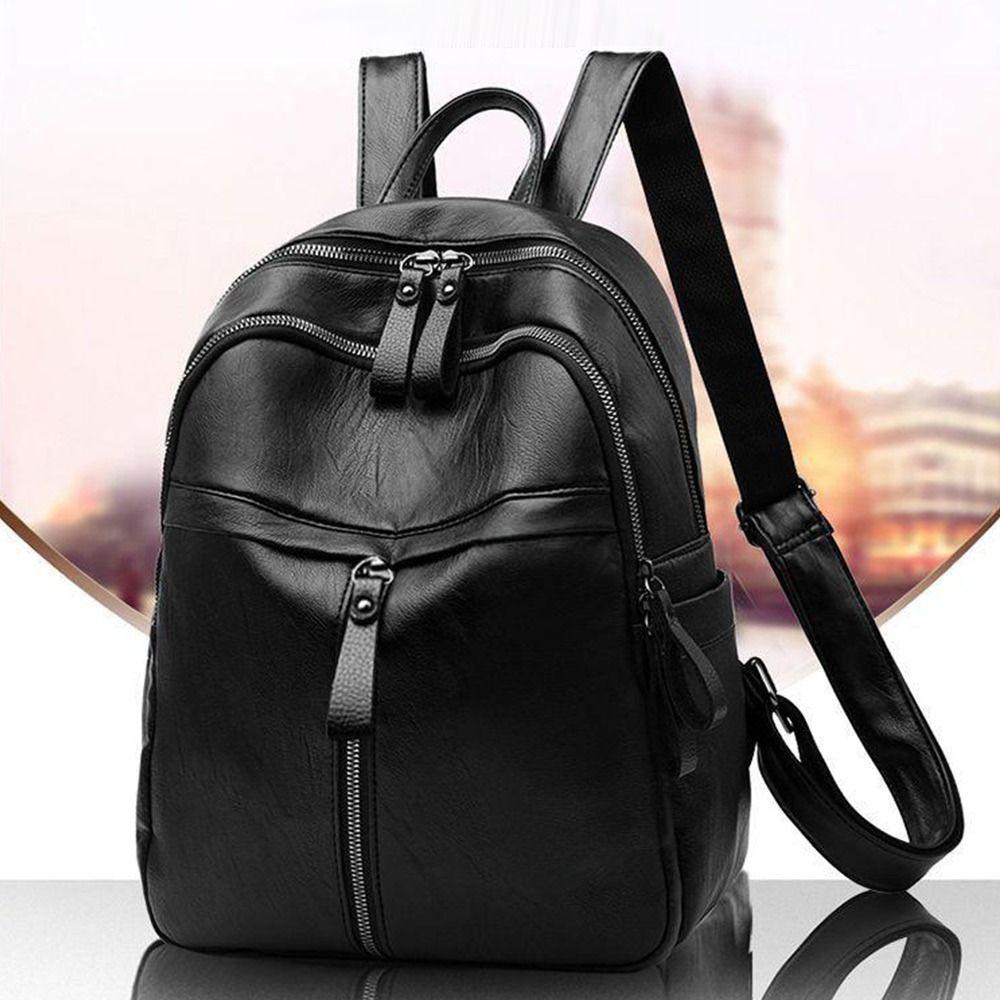 Simple PU Leather Women Backpack Black Large Capacity Shoulder Bags Waterproof Travel Bag Outdoor