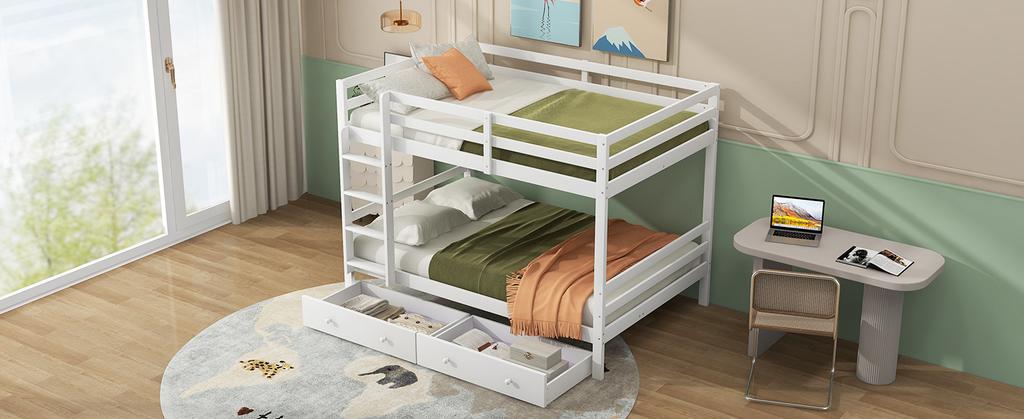 140*200cm Bunk Bed Children's Beds with Drawers, Storage Space, High Railings, White