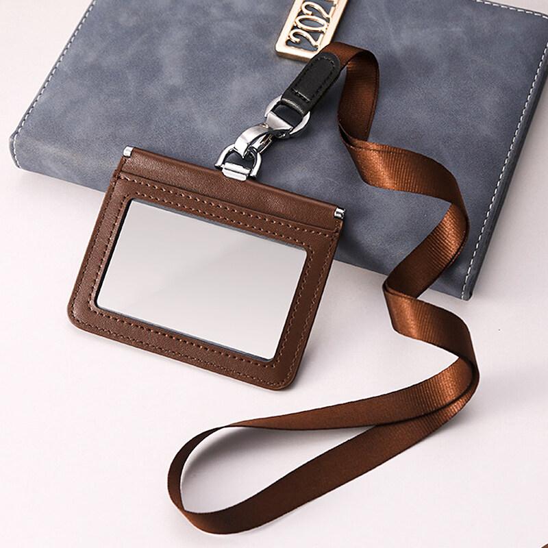 2-Sided Transparent Window Badge Holder ID Business Work Card Holders Genuine Leather Card Case with Lanyard (Can Hold 4 Cards )