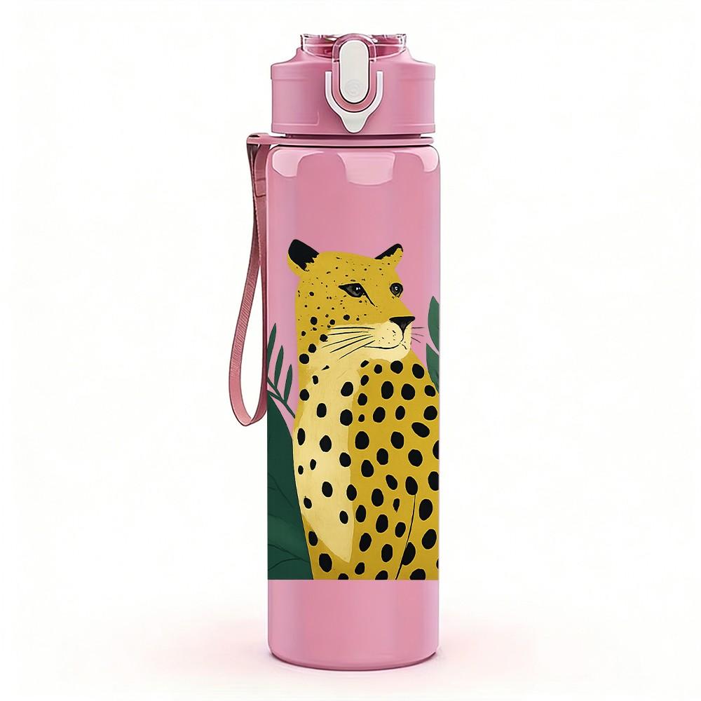 1PC Jungle Leopard Plant Leaf Portrait 750ml Color Plastic Sports Water Bottle Leakproof Flip Straw Lid Suitable for Sports Office Home Use