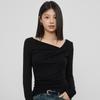 Korean Style Autumn Pleated Slanted Neck Long Sleeve Slimming Women's Top