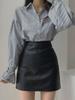 Women's High-Waist A-Line PU Leather Skirt - Black, Slim Fit, Anti-Exposure, Autumn/Winter.
