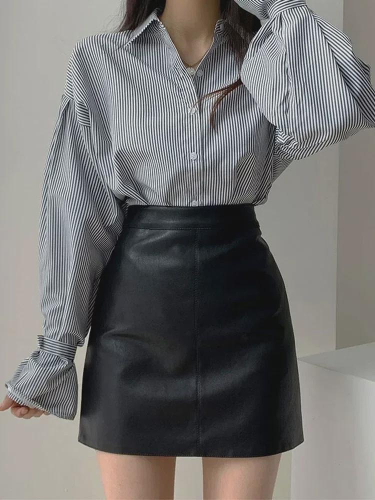 Women's High-Waist A-Line PU Leather Skirt - Black, Slim Fit, Anti-Exposure, Autumn/Winter.