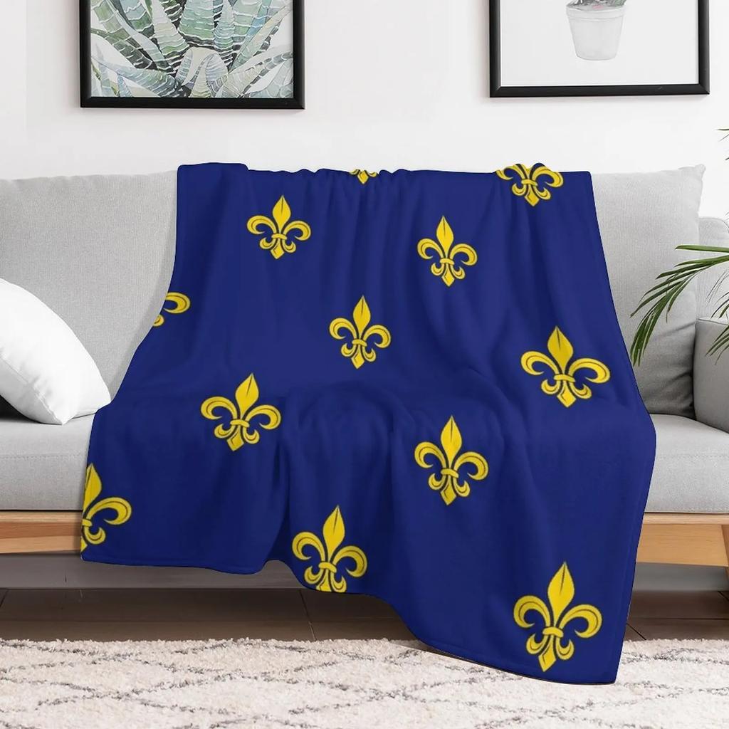 Golden French Lily and Royal Color Blue On Bubble Merch Throw Blanket Foldable Soft Warm Blanket for Outdoor Use
