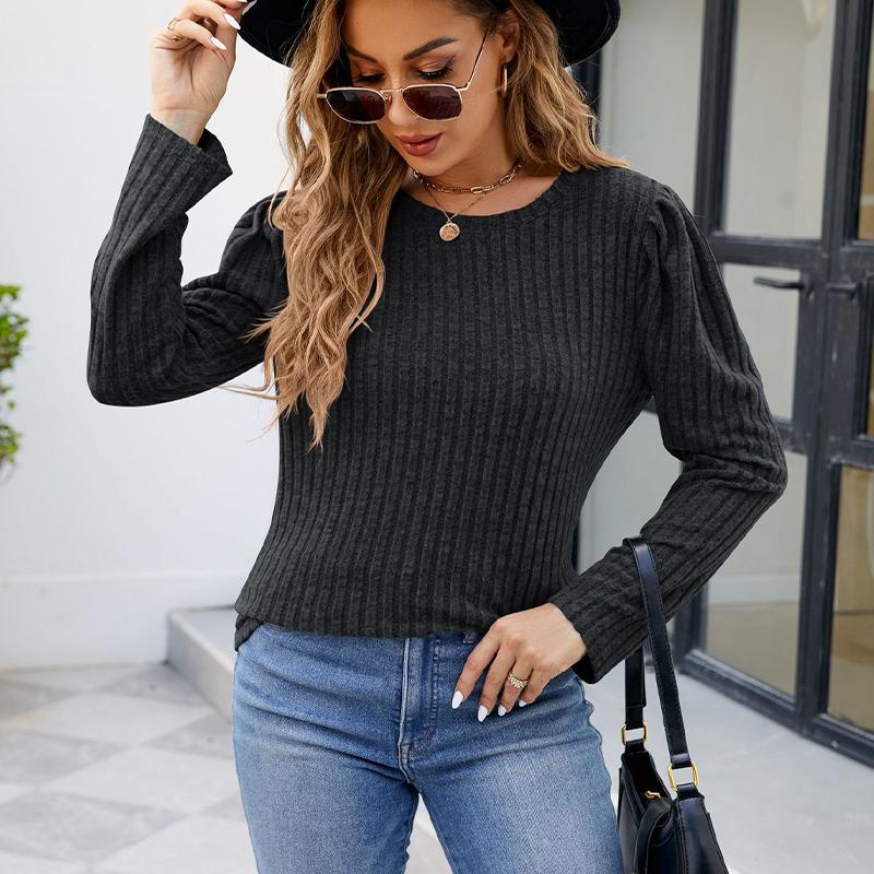 Damen-T-Shirt mit rundem Halsausschnitt, Puffärmeln, einfarbigem Oberteil und langen Ärmeln