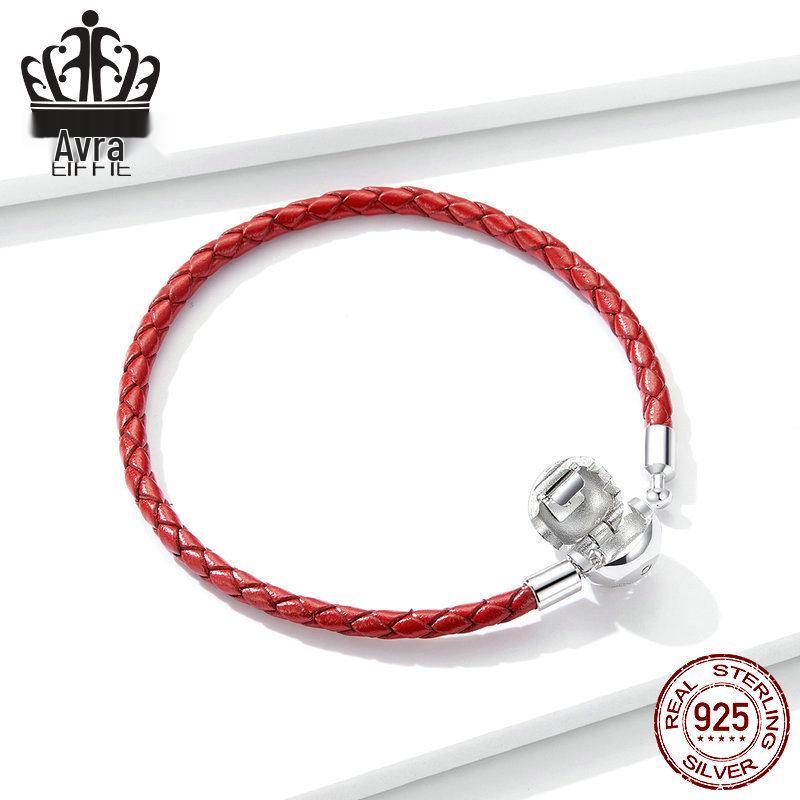 Aifule Red Bracelet: S925 Sterling Silver Buckle, Genuine Leather, Women's Single Circle Design.
