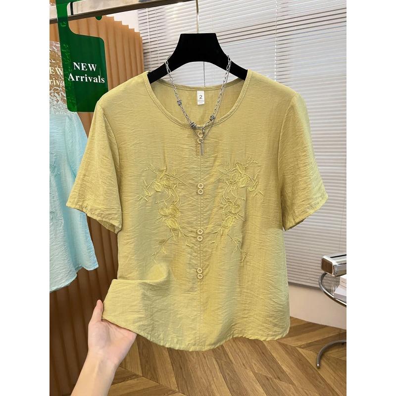 Womens Purple Floral Embroidered Blouse Casual Round Neck Half Button Short Sleeve Top M