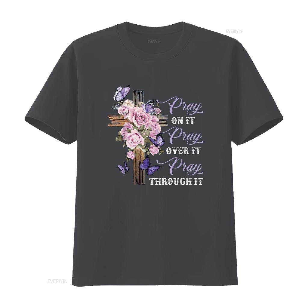 Pray On It Over Through Christian T Shirt vintage Washed Soft streetwear Top For Everyday Wear Breathable designer clothes