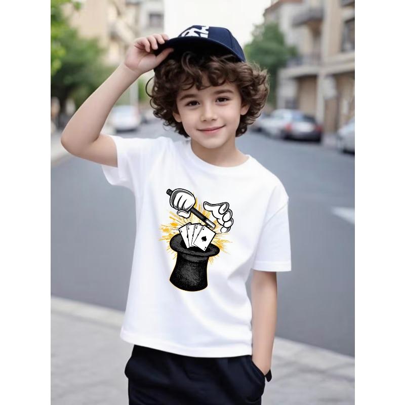 Boys Crew Neck Short Sleeve T-Shirt with Magician Cards  Gloves Print 110
