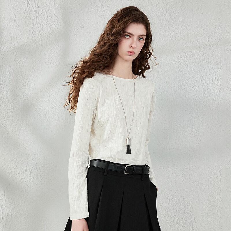CHUYU Women's Fall Slim-Fit Long Sleeve Crew Neck Texture T-Shirt