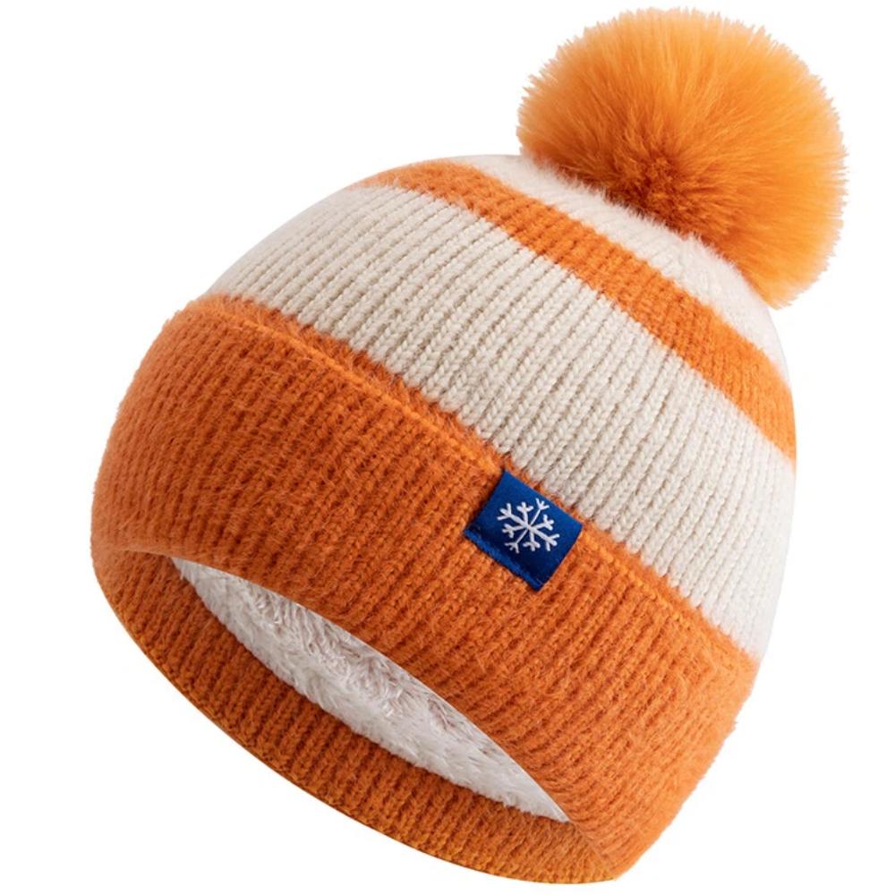 New Style Snow Label Beanie Hat Color Blocked Style Plush Fur Lined Pompoms Warm Winter Hat Fashion Y2k Beanie For Woman Girl