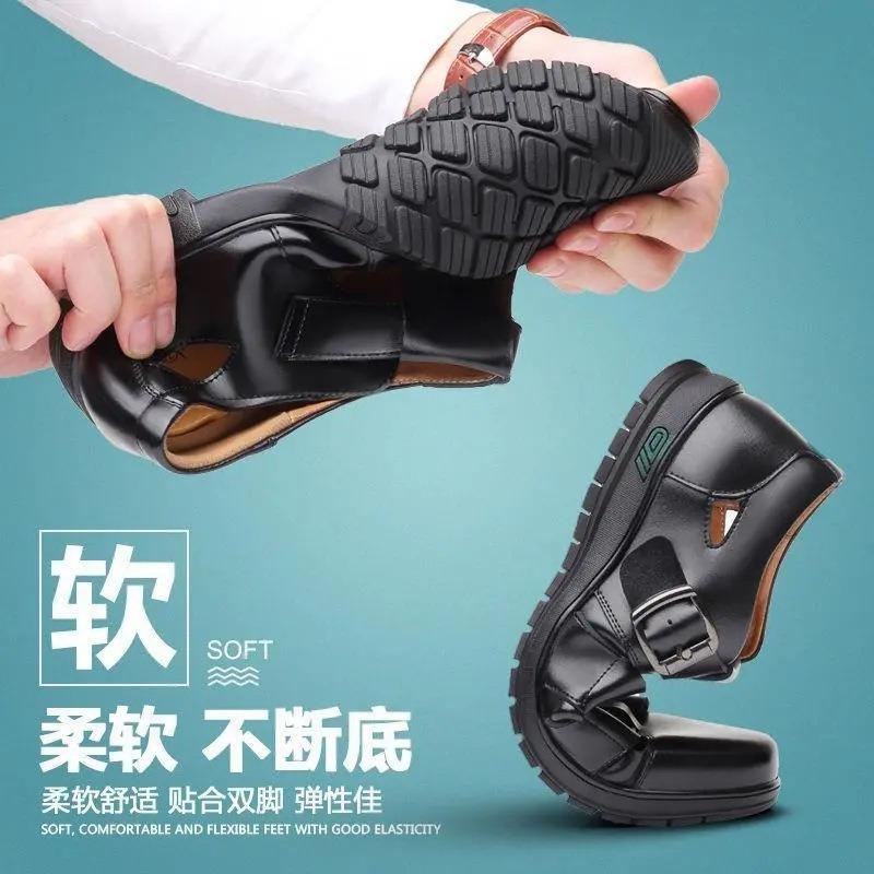 Men's Leather Shoes Business Casual Dress Single Shoes Soft Sole Non-slip Summer Men's Sandals Dad Shoes Black