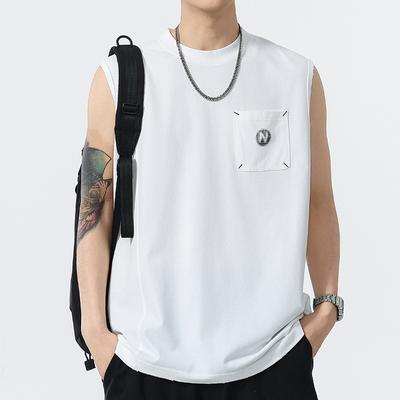 New Pure Cotton Vest for Men In Summer Cool and Loose Round Neck Patch Pocket Printed Sweat Vest
