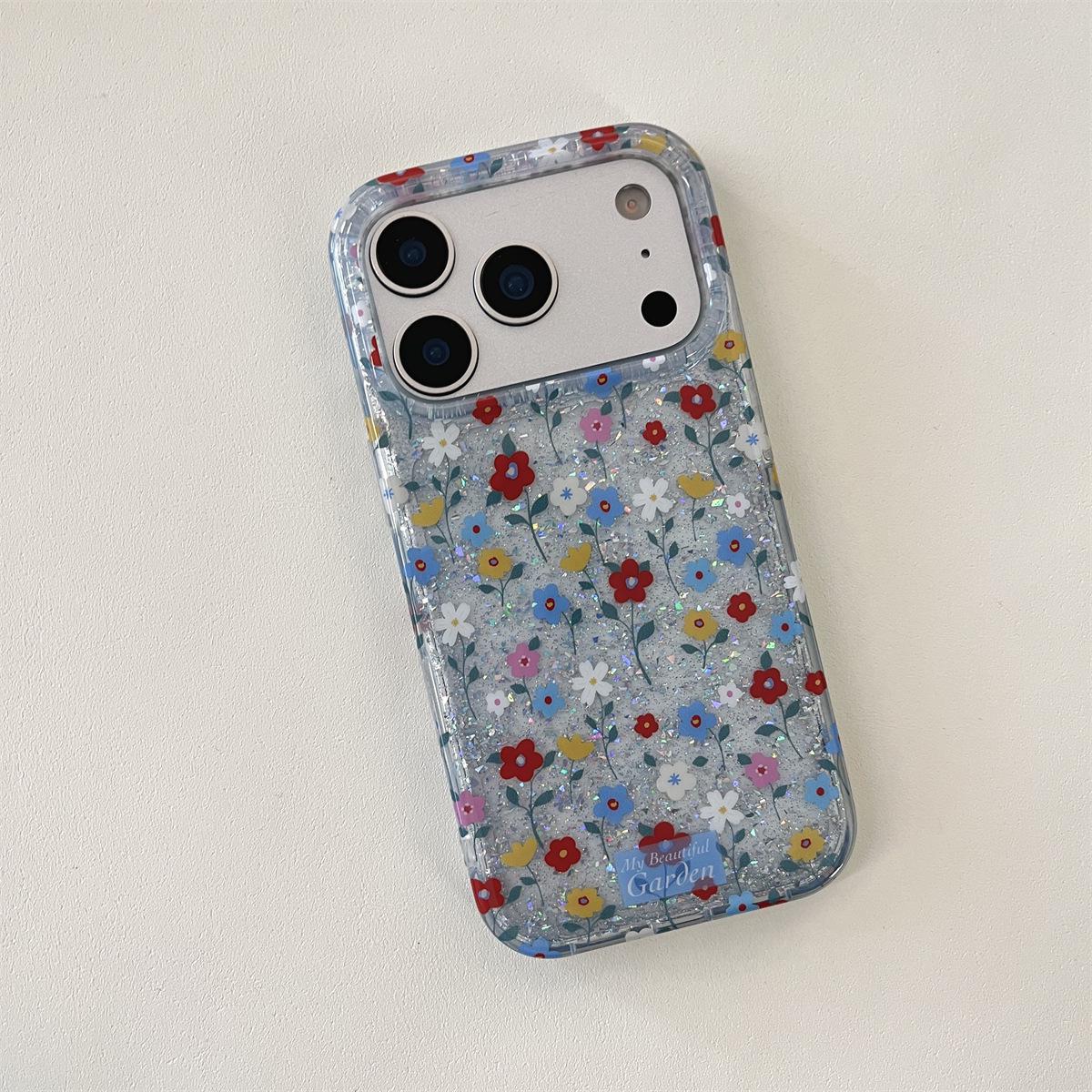 Double Layer Blue Glitter Flower Case for iPhone 14/13/12 PROMAX with Drop Protection iPhone 17 Pro