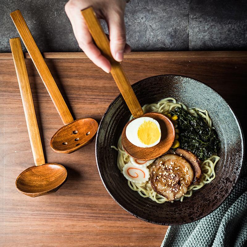 4Pcs Wooden Spoon Ramen Soup Spoon Ladle Japanese Kitchen Spoons Long Handle Restaurant Dinner Serving Spoon Set Wood Tableware