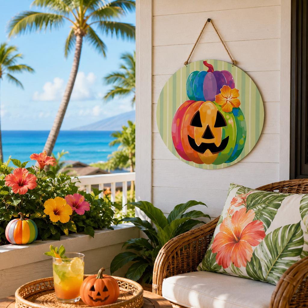 Wooden Door Sign Hanging Decoration 30cm Round Plaque with Pumpkin Print for Indoor Outdoor Home Entryway Wall Decor