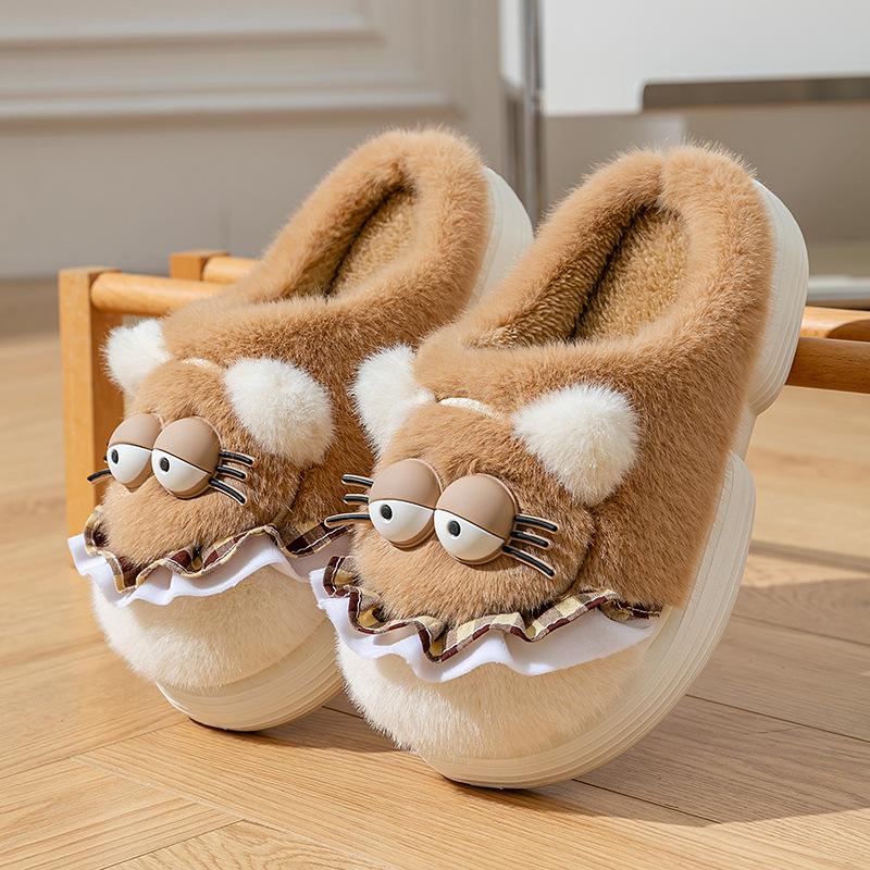 Cute cartoon cotton slippers women's autumn and winter indoor home non-slip warm plush thickened plush kitten cotton mop