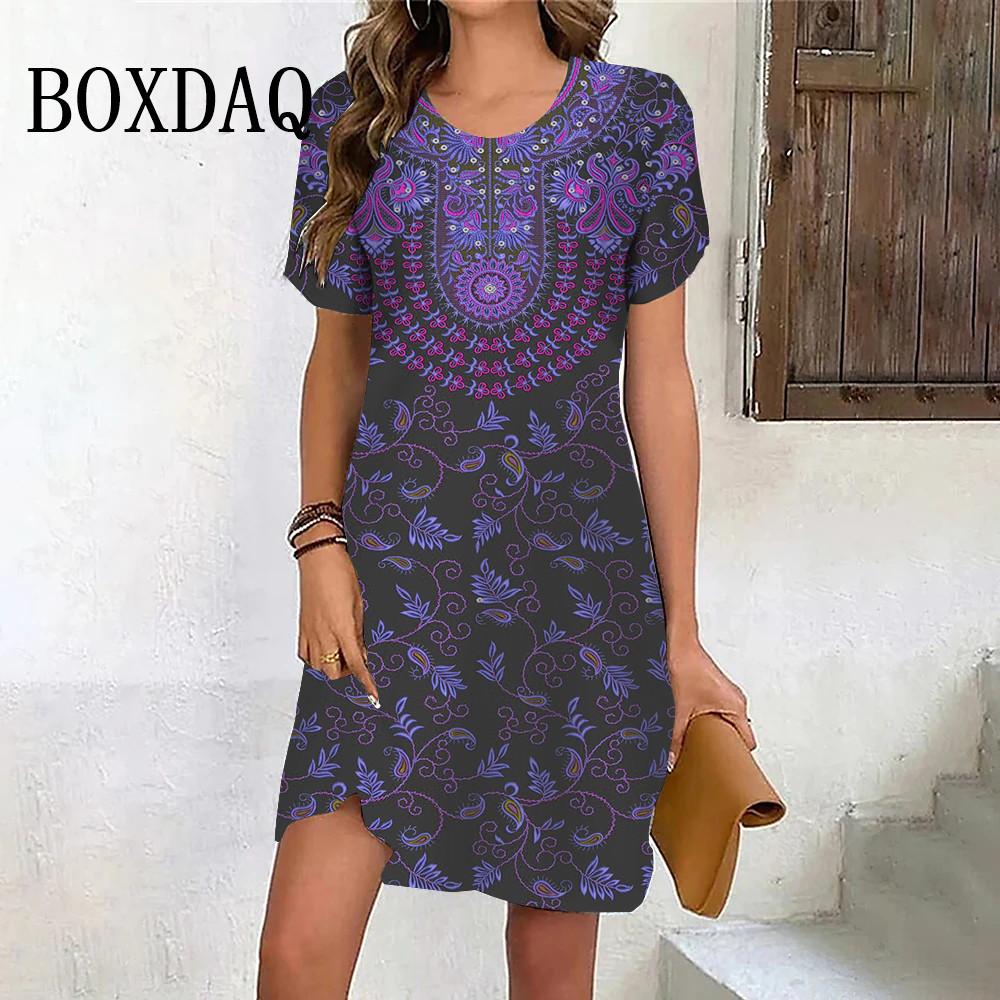 

Casual and Elegant Ethnic Style Retro 3d Printed Round Neck Mini Dress Summer Women s Short-sleeved Vacation Dress XL