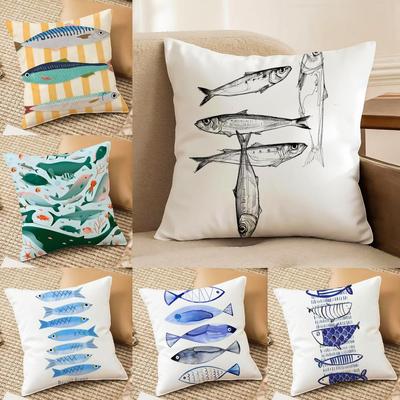 Housse de coussin poisson sardines bleues Tissu pelucheux Doux Imprimé double face Canapé Chaud Hiver Cadeau de maison Housse de coussin