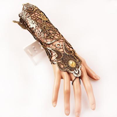1 Pc Women Cosplay Gloves Hollow Out Lace Flower Pattern Adjustable Lace-up Strap Rhinestone Decor Fingerless Vintage Style Photo Prop Arm Cuffs