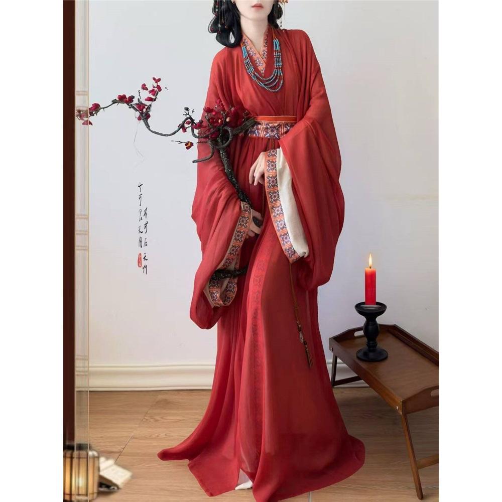 Original restauriertes Hanfu-Set für Frauen aus der Zeit der Streitenden Reiche, Zhiju, Kreuzkragen, weite Ärmel, locker, gerader Saum, Robe, traditionelles chinesisches Kostüm