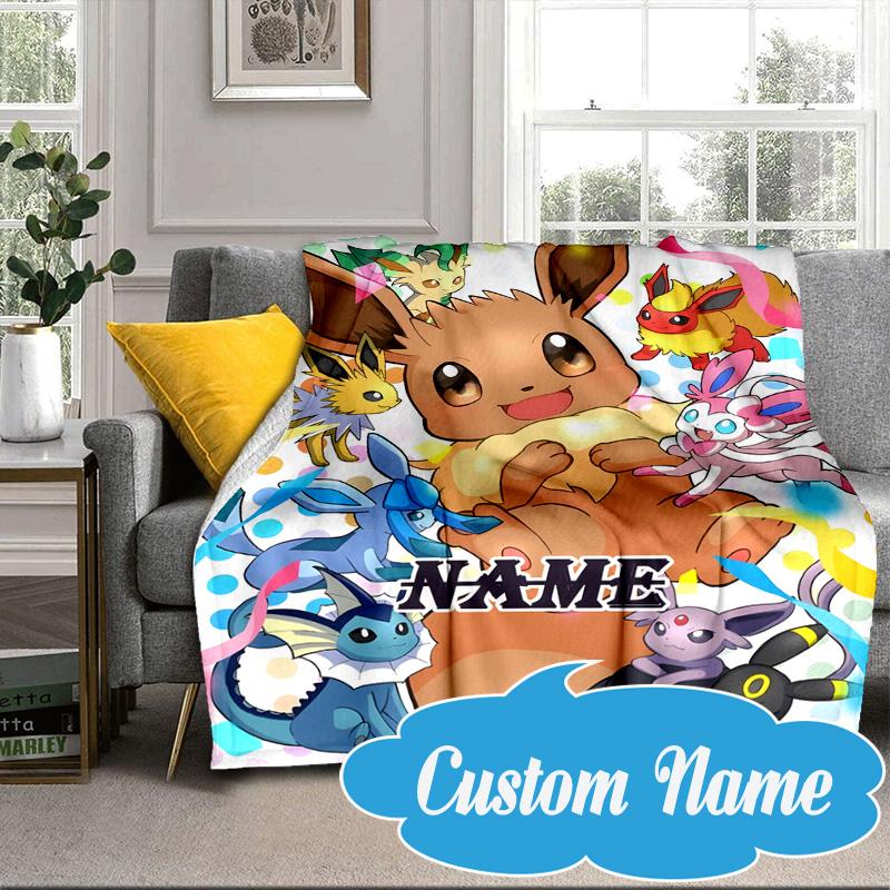 Custom Name Blanket Eevee Evolution Flannel blankets Patterns Throw Blanket All-Season Soft Gift for Couch, Bed, Camping Birthday gifts