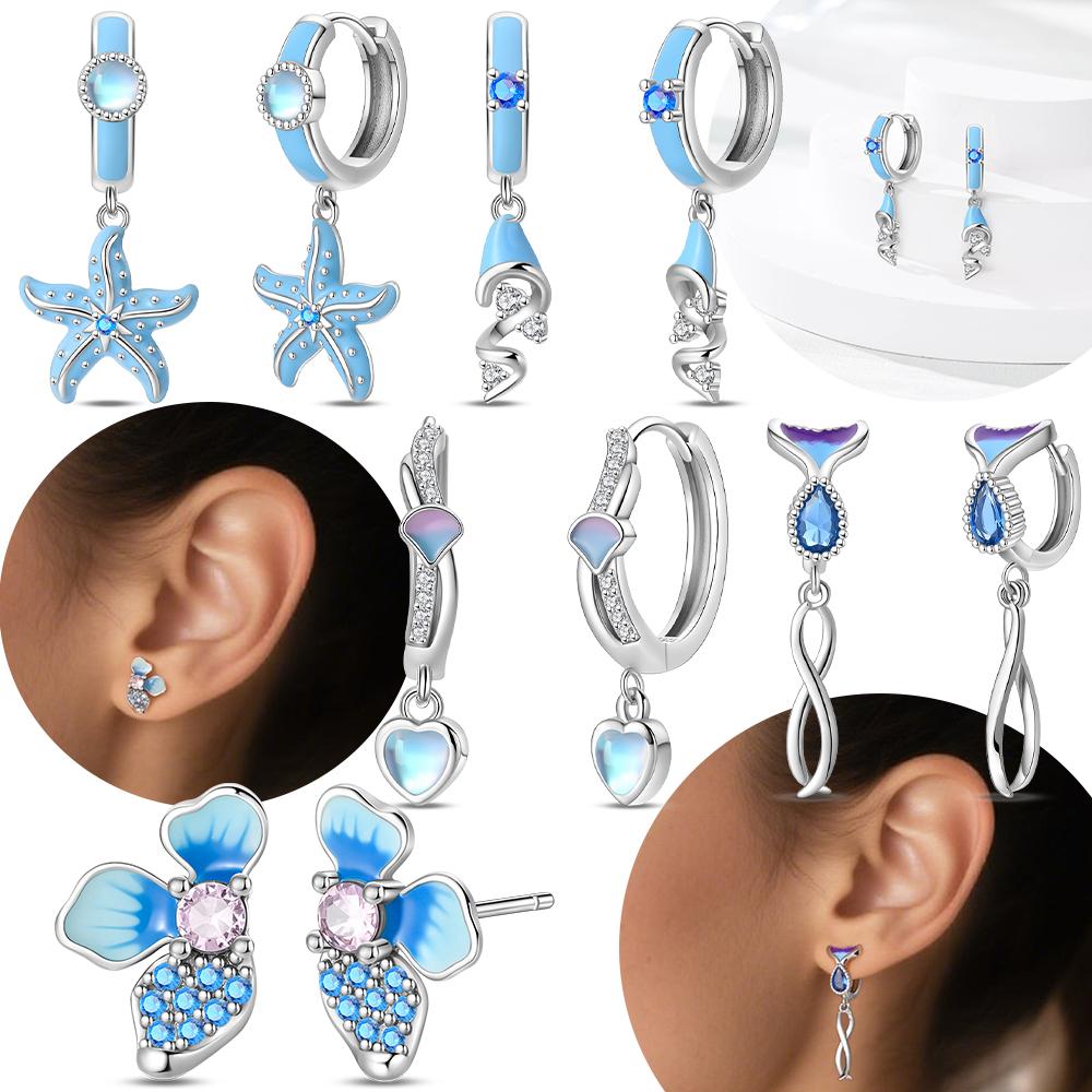 Authentic Original Delicate Copper Metal Dreamy Crystal Fish Tail Earring Blue Sea Star Petal Women's Stud High Quality Fine Jewelry Girlfriend