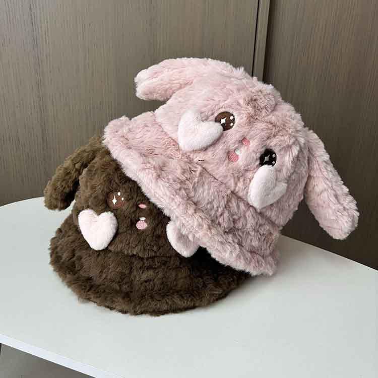 

Sweet And Cute Rabbit Ears Plush Basin Hat Women Winter Cold And Warm Ear Protection Versatile Face Bucket Hat One size чорний