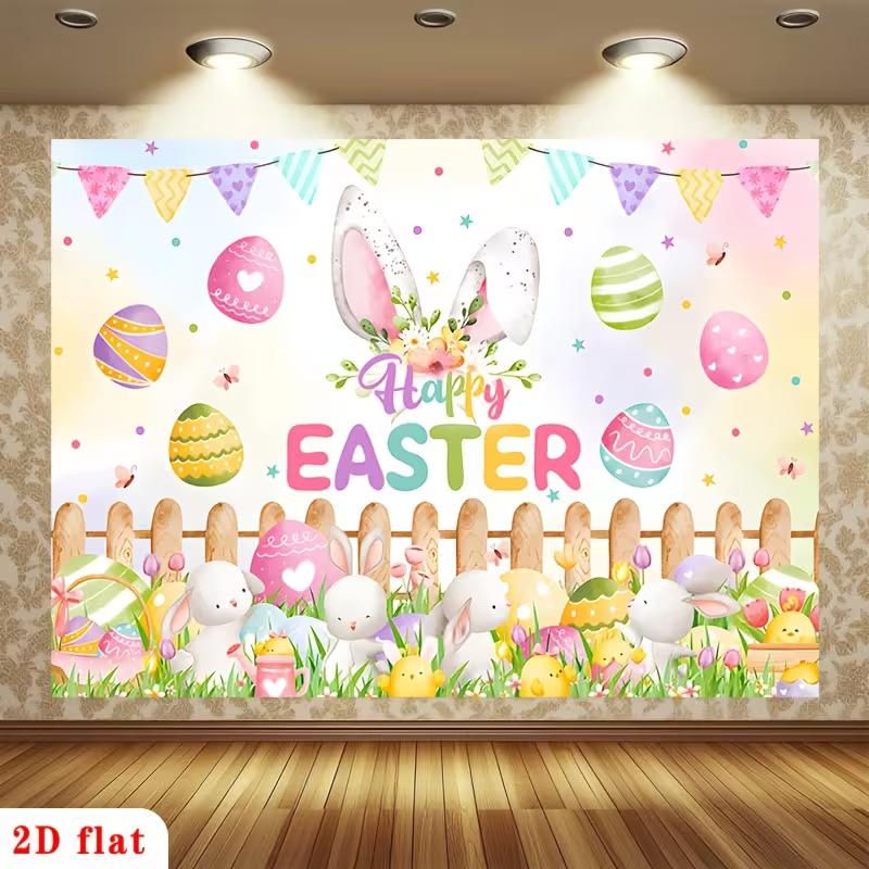 2D Watercolor Easter Photography Backdrop, Happy Easter Bunnies & Eggs Background for Spring Party 47.2x31.5inch/120*80cm