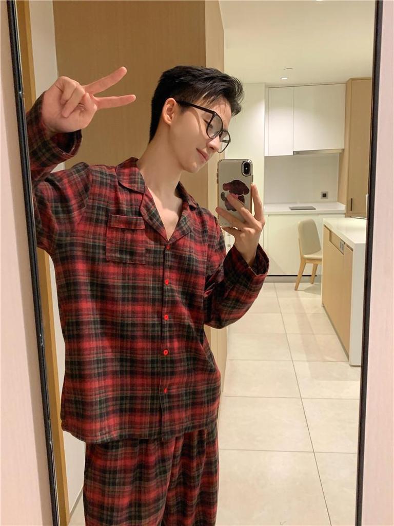 Korean Style Plaid Lace Couple Homewear Set - Autumn/Winter