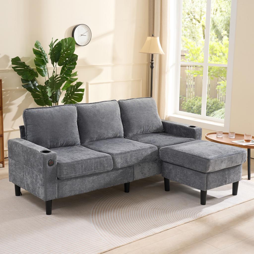 Upholstered sofa with USB and Type-C ports, 3-seater with two cup holders for living room, lounge and bedroom – L-shaped sofa bed, Grey, Linen