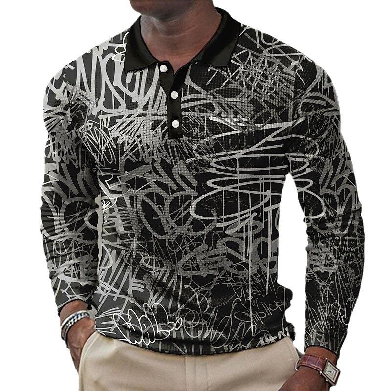 Graffiti Print Long-Sleeve Polo Shirt, Trendy Street Style Casual Wear