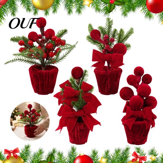 Holiday Desk Decorations Velvet Christmas Ball Potted Plants, Mini Tree with Artificial Pine, Tabletop Red Berry, Fabric Bow, Centerpiece for