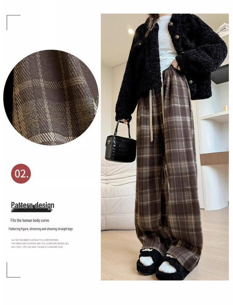 145 Small Wide-Leg Plaid Pants for Women - Coffee Color, High Waist, Woolen Drape, Plus Velvet, Straight Leg, Extra Long, for Autumn/Winter.