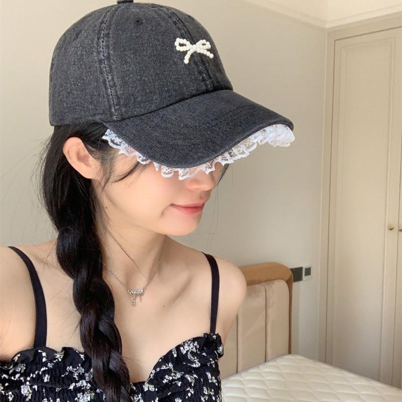 Stylish Women Fabric Baseball Hat with 3D Pearls Bowknot and Lace Trim for Outdoor Sports Activity Breathable Headwear