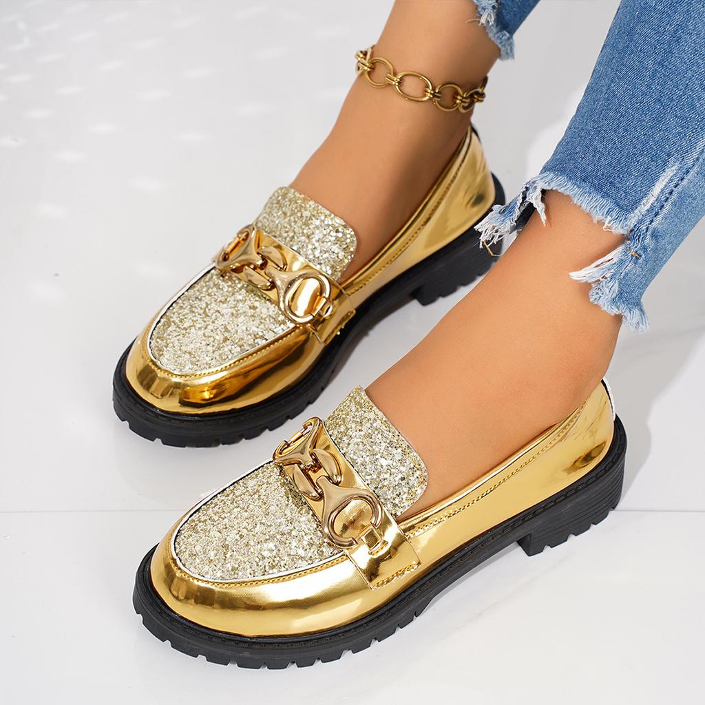 2025 autumn bright leather one-pedal loafers foreign trade round head i thick heel metal buckle foot casual shoes