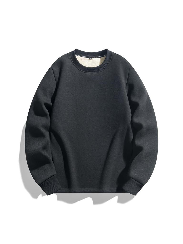 Men's Lambswool Round Neck Hoodie, Velvet-Lined, Thick, Long Sleeve, Warm Winter Top, No Hood