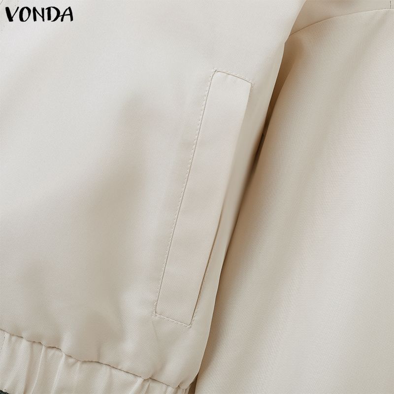 VONDA Spring Women Lapel Neck Long Sleeve Zip-up Thin Casual Cropped Jackets Coats