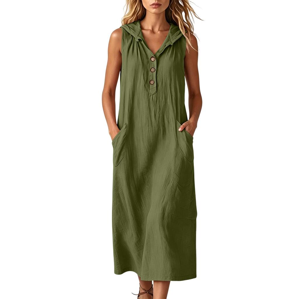 Women's Fashion Color Hooded Buttoned Pocket Sleeveless Casual Loose Dress