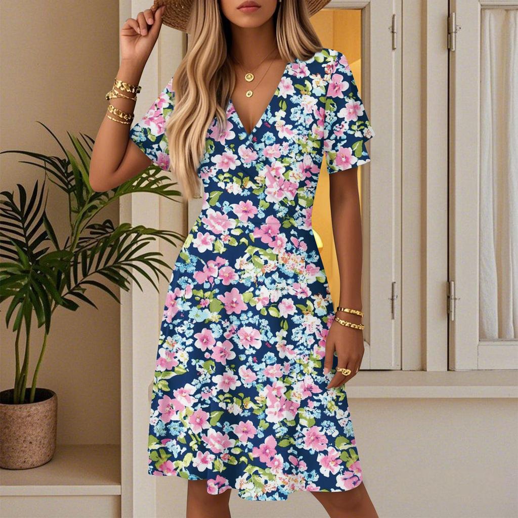 Damen Sommer Mode Blumenmuster Kleid Lässig Strand A-Linie V-Ausschnitt Lockeres Sommerkleid