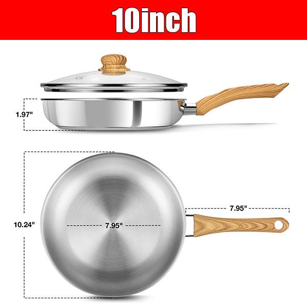 10 inch 12 inch Deep Cooking Frying Pan with Lid No Coating Stainless Steel Frying Pan Skillet with Heat-resistant Handle