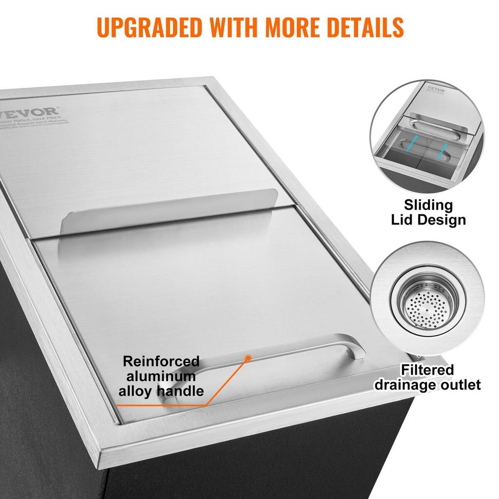 Drop In Ice Chest, 18"L X 12"W X 14.5"H Stainless Steel Ice Cooler, Commercial Ice Bin with Sliding Cover, 40.9 Qt Outdoor Kitchen Ice Bar, Drain-pipe