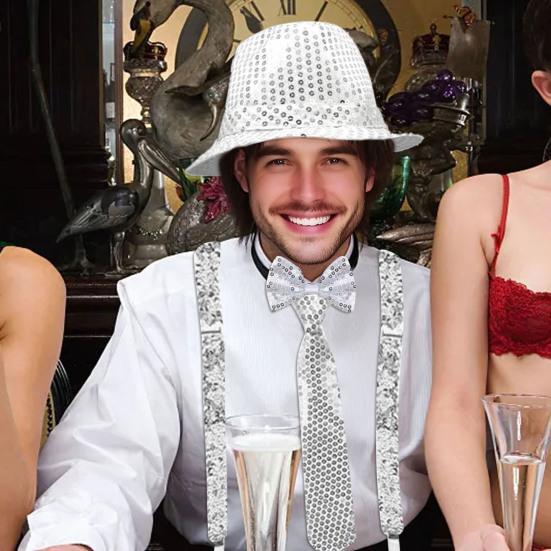 5 Pcs/Set 80s 90s Disco Accessories for Men Women Sequin Hat Harness Belt Gloves Bowtie Necktie Disco Costume Set for Carnival Masquerade Halloween