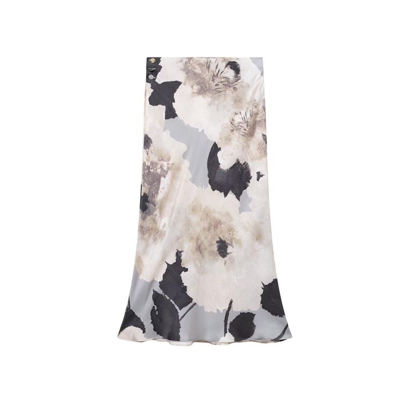 2025 Autumn/Winter Women s Silk Satin Printed Shirt and Midi Skirt Extra Small юбки