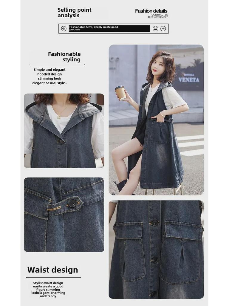 Women's Retro Sleeveless Hooded Denim Jacket with Large Pockets - Summer 2025 Collection