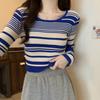 Women's Short and Unique Striped Long Sleeve T-shirt Knitted Base Top Slimming Blouse with Design Sense