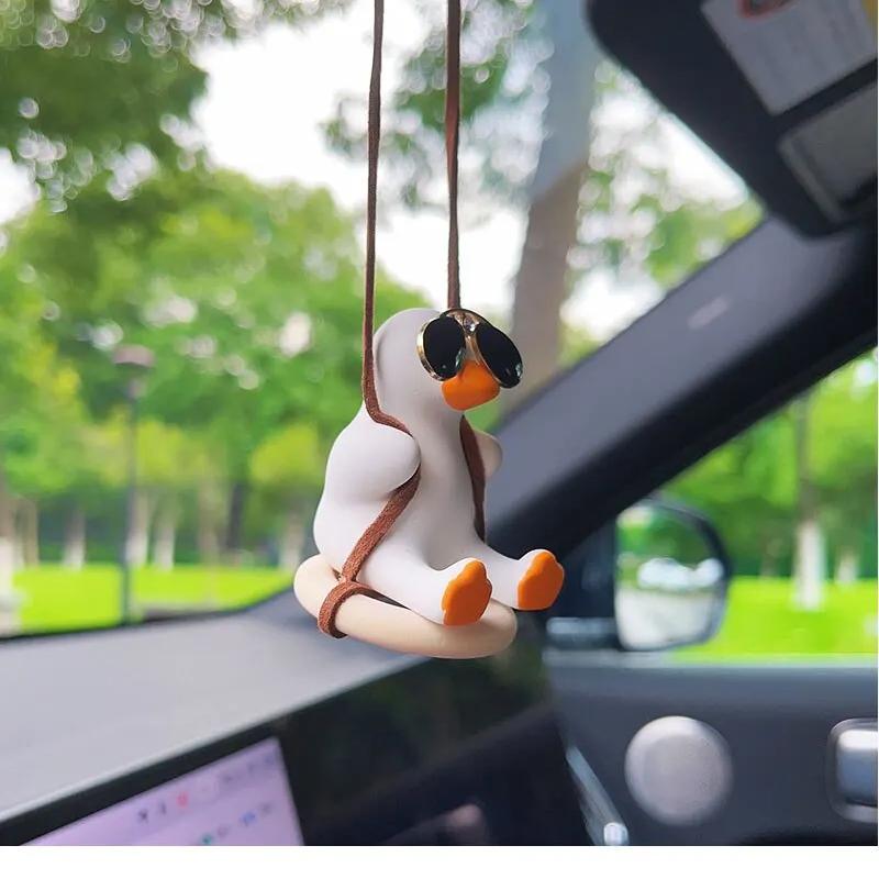 Swing Duck Rearview Mirror Pendant – Cute Anime Gypsum Car Interior Decoration Ornament for Vehicle Styling