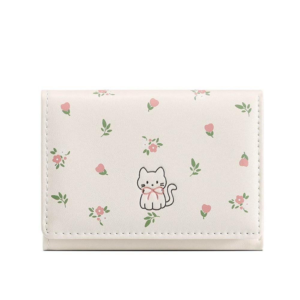 INS Style Cute Cat Short Wallet Flowers Pattern PU Leather Coin Purse Tri-fold Mini Wallet Gifts