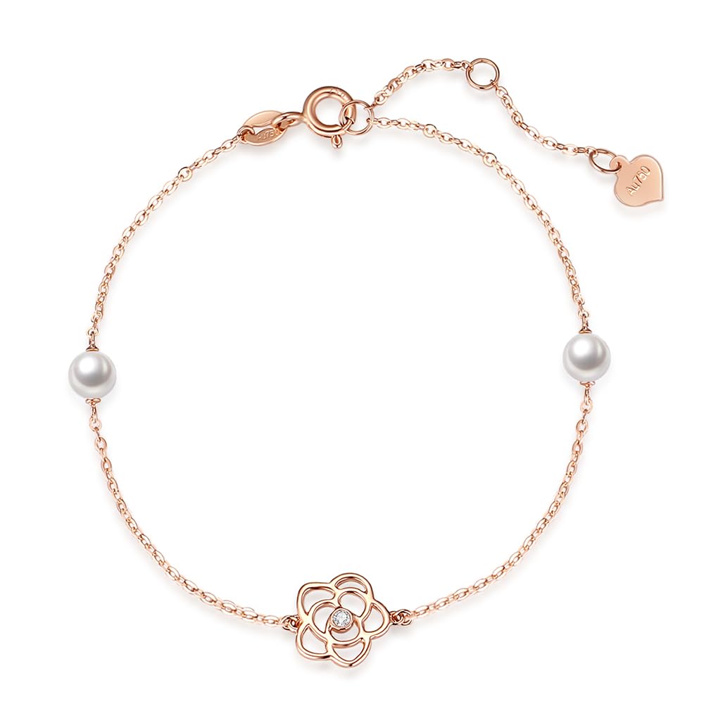 

FANCIME K18 Pink Gold Bracelet Freshwater Pearl Flower Motif Luxury Zirconia 18K Pendant Day Christmas Birthday Anniversary Present Gift Wrapping